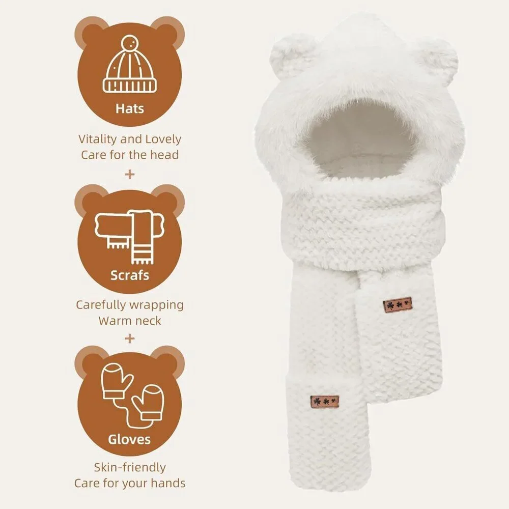 Women's White Hooded Scarf Cute Bear Ear Hat Faux Fur Gloves Set Soft